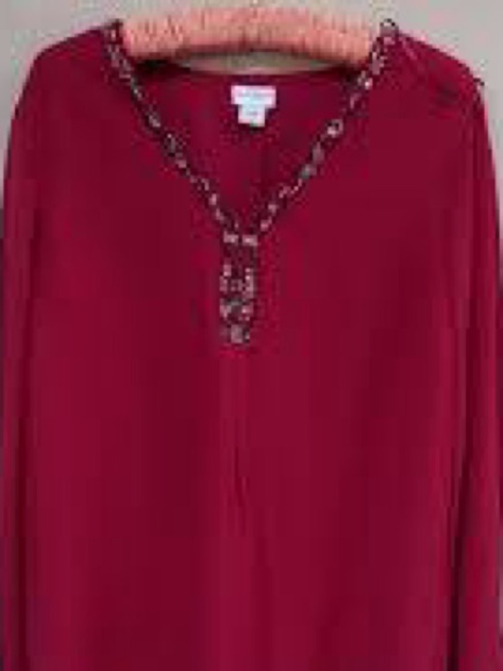 Embellished V-Neck Long Sleeve Top - Burgundy